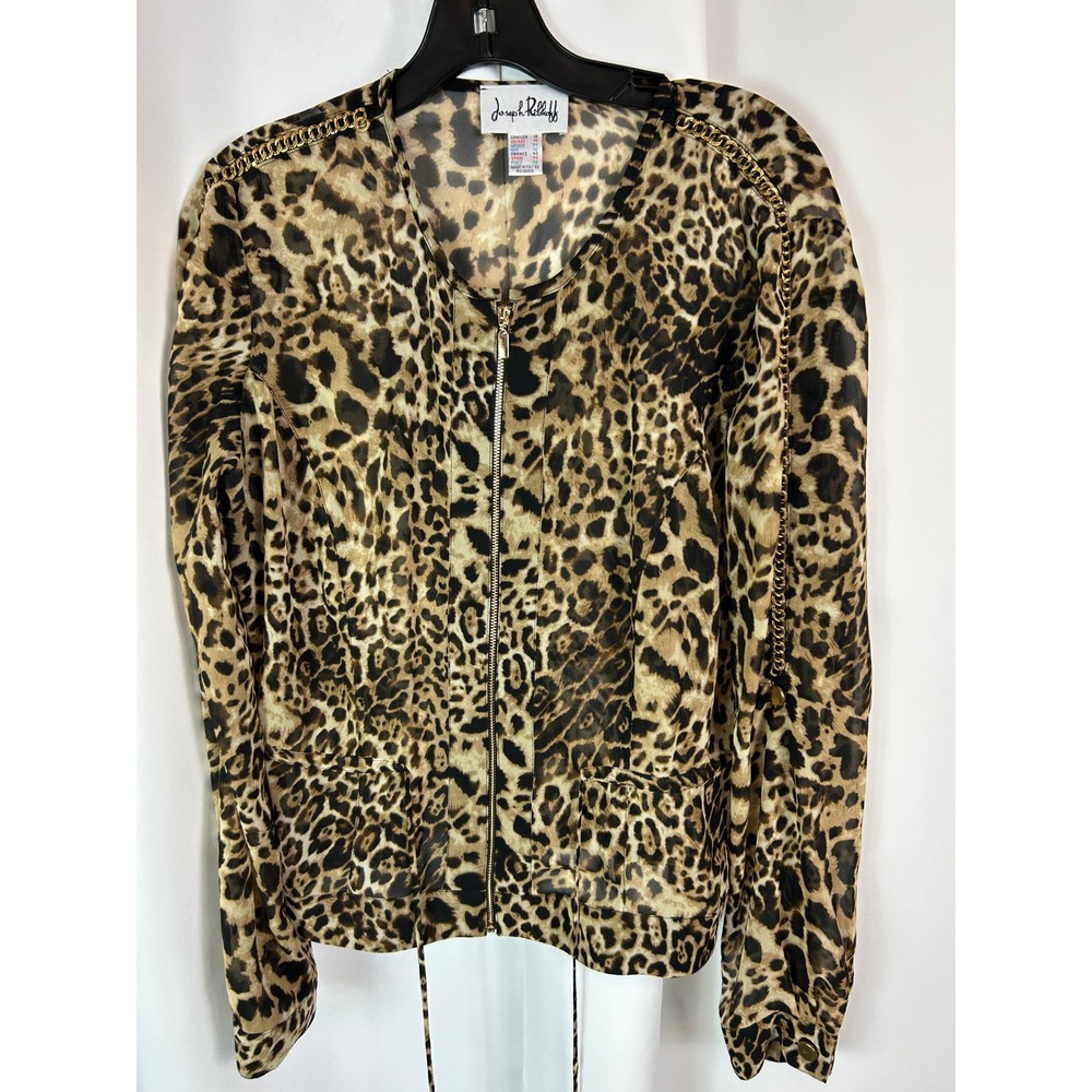Joseph Ribkoff Maximalist Leopard Print Sheer Zip Front Jacket Gold Chain 12